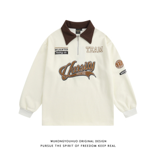 上衣 宽松情侣装 悟空有货复古学院风刺绣撞色加绒POLO衫 卫衣男秋季