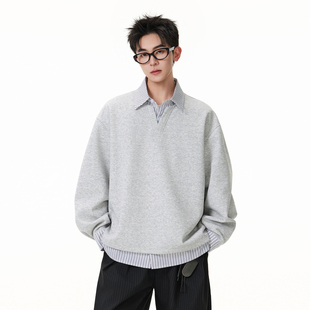 悟空有货春季 复古假两件翻领卫衣男潮牌宽松情侣休闲百搭套头上衣