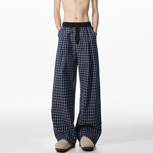 悟空有货美式复古格子拼接慵懒风直筒休闲裤男女宽松阔腿百搭长裤