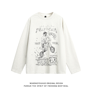 宽松休闲纯棉圆领tee T恤男2025秋季 悟空有货美式 复古手绘涂鸦长袖