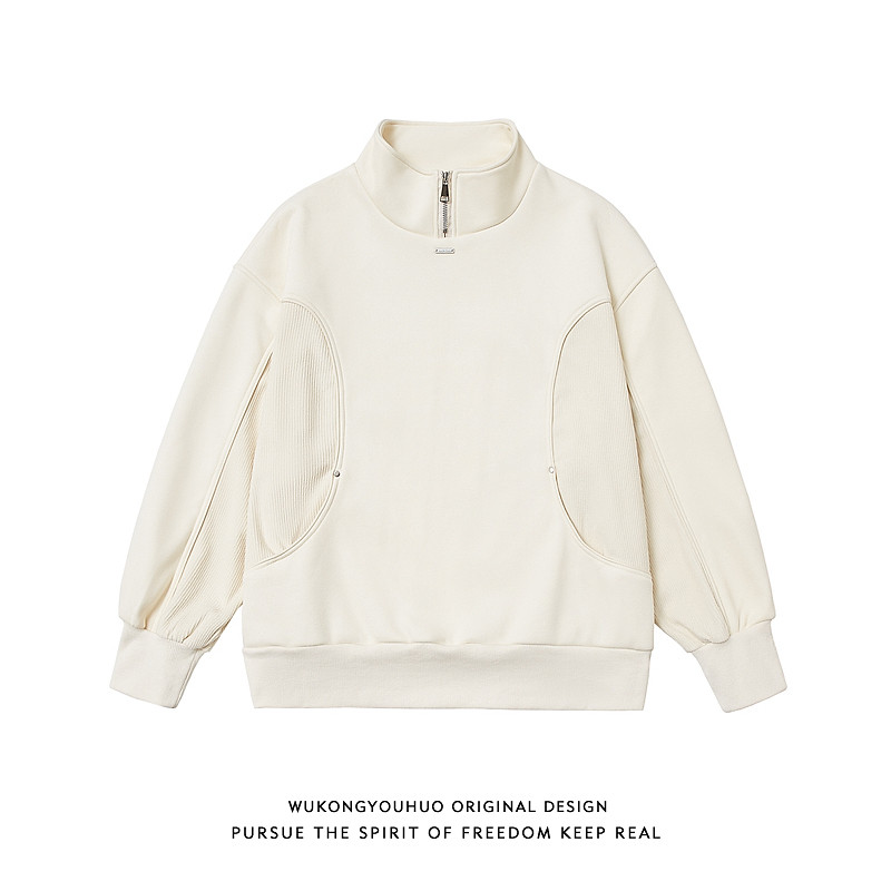 悟空有货潮牌美式撞色拼接半拉链加绒卫衣男复古宽松百搭套头上衣