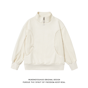 悟空有货潮牌美式撞色拼接半拉链加绒卫衣男复古宽松百搭套头上衣