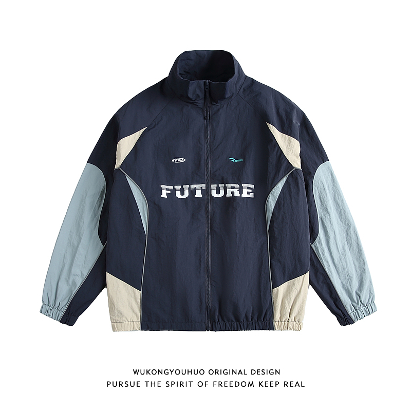 美式潮牌撞色拼接运动立领外套男