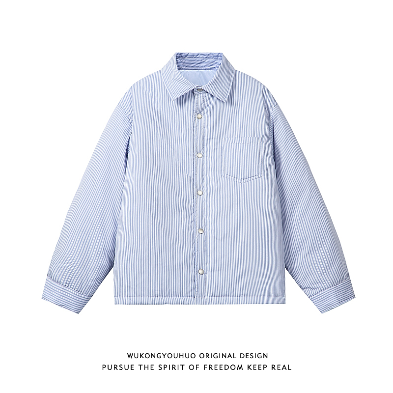 秋冬复古竖条纹夹棉衬衫外套男