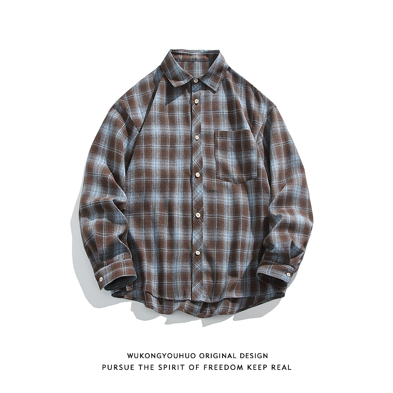 悟空有货潮牌春季撞色格子长袖衬衫男女美式复古cleanfit百搭衬衣