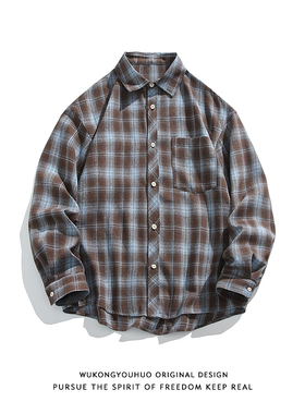 悟空有货潮牌春季撞色格子长袖衬衫男女美式复古cleanfit百搭衬衣