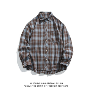 男女美式 衬衫 复古cleanfit百搭衬衣 撞色格子长袖 悟空有货潮牌春季