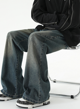 悟空有货美式复古做旧水洗微喇牛仔裤男cleanfit街头宽松直筒长裤