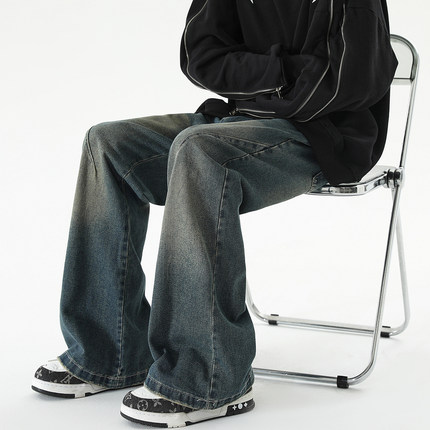 悟空有货美式复古做旧水洗微喇牛仔裤男cleanfit街头宽松直筒长裤