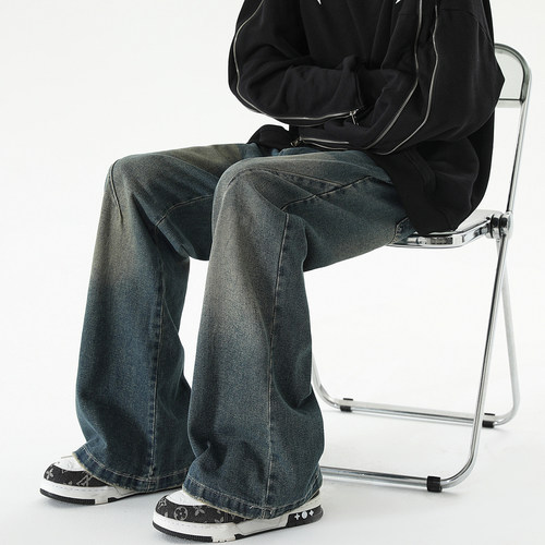 美式复古做旧水洗微喇直筒牛仔裤