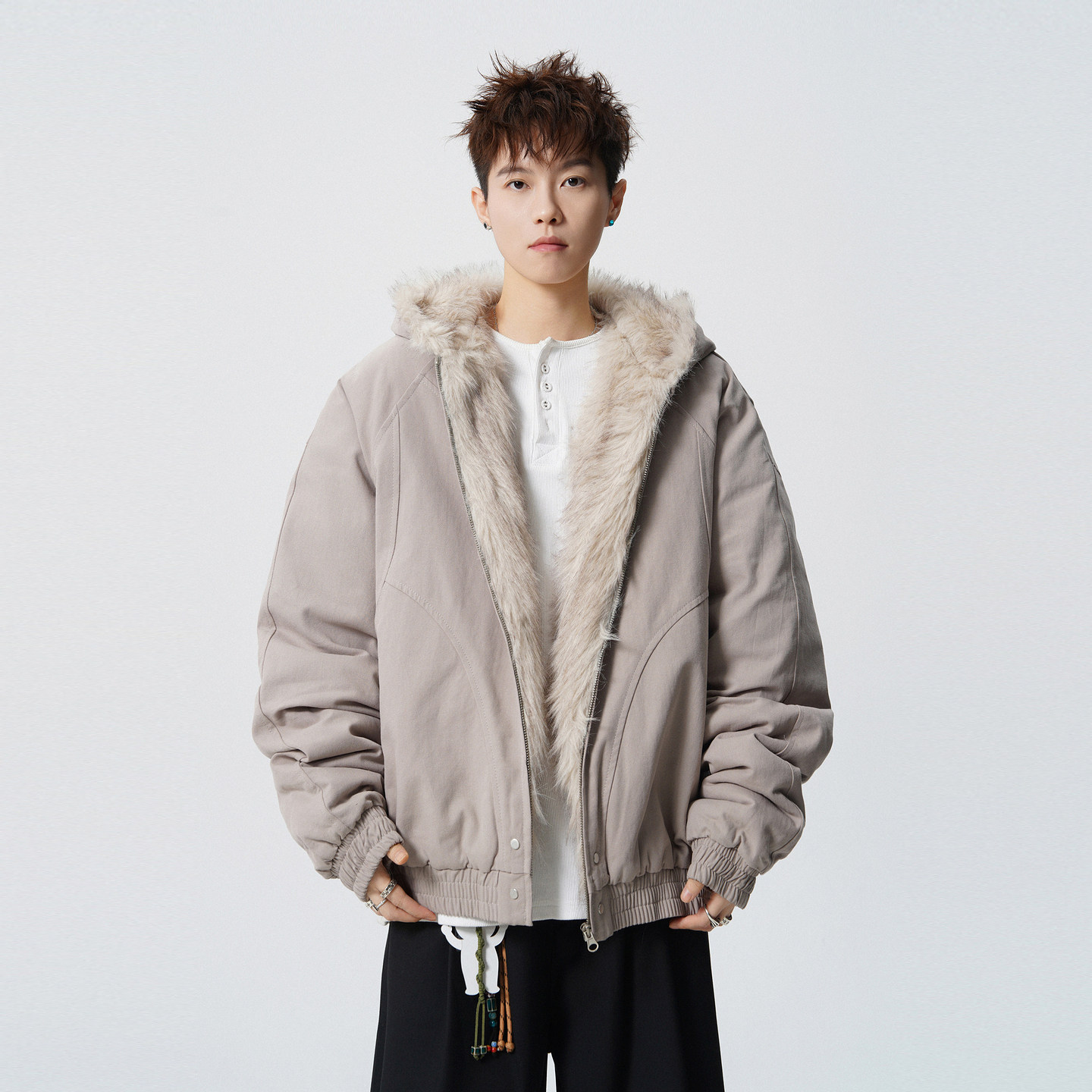 潮牌美式解构座山雕连帽棉服男