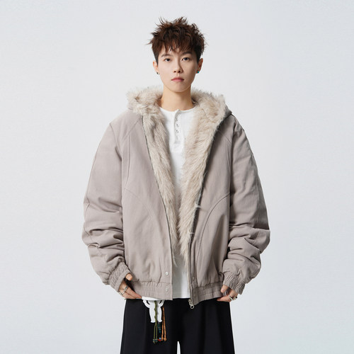 潮牌美式解构座山雕连帽棉服男