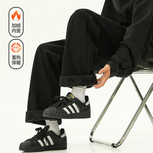 潮牌美式抽绳松紧加绒牛仔裤男