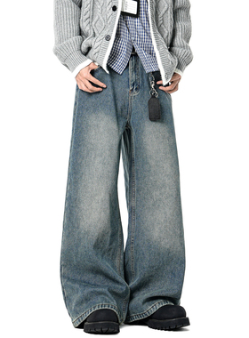 悟空有货潮牌美式水洗做旧直筒牛仔裤男宽松cleanfit休闲百搭长裤