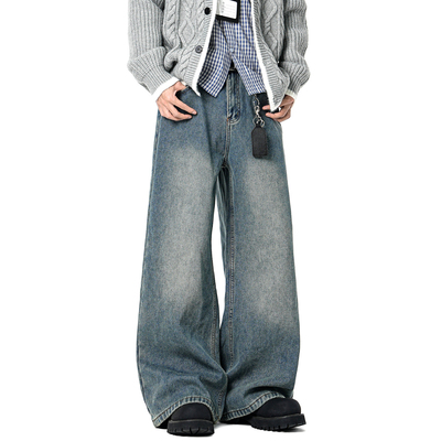 潮牌美式水洗做旧直筒牛仔裤男