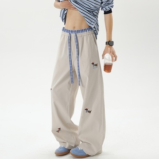 悟空有货复古卡通刺绣假两件垂感休闲裤 男女潮牌情侣宽松阔腿长裤