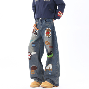男宽松潮流情侣百搭阔腿裤 悟空有货美式 复古卡通毛巾绣弯刀牛仔裤