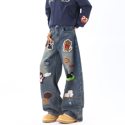 美式复古卡通毛巾绣弯刀牛仔裤男