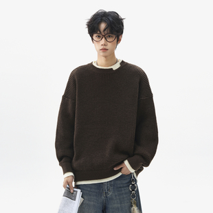 悟空有货美式复古网孔纹理假两件圆领毛衣男潮牌宽松套头针织上衣