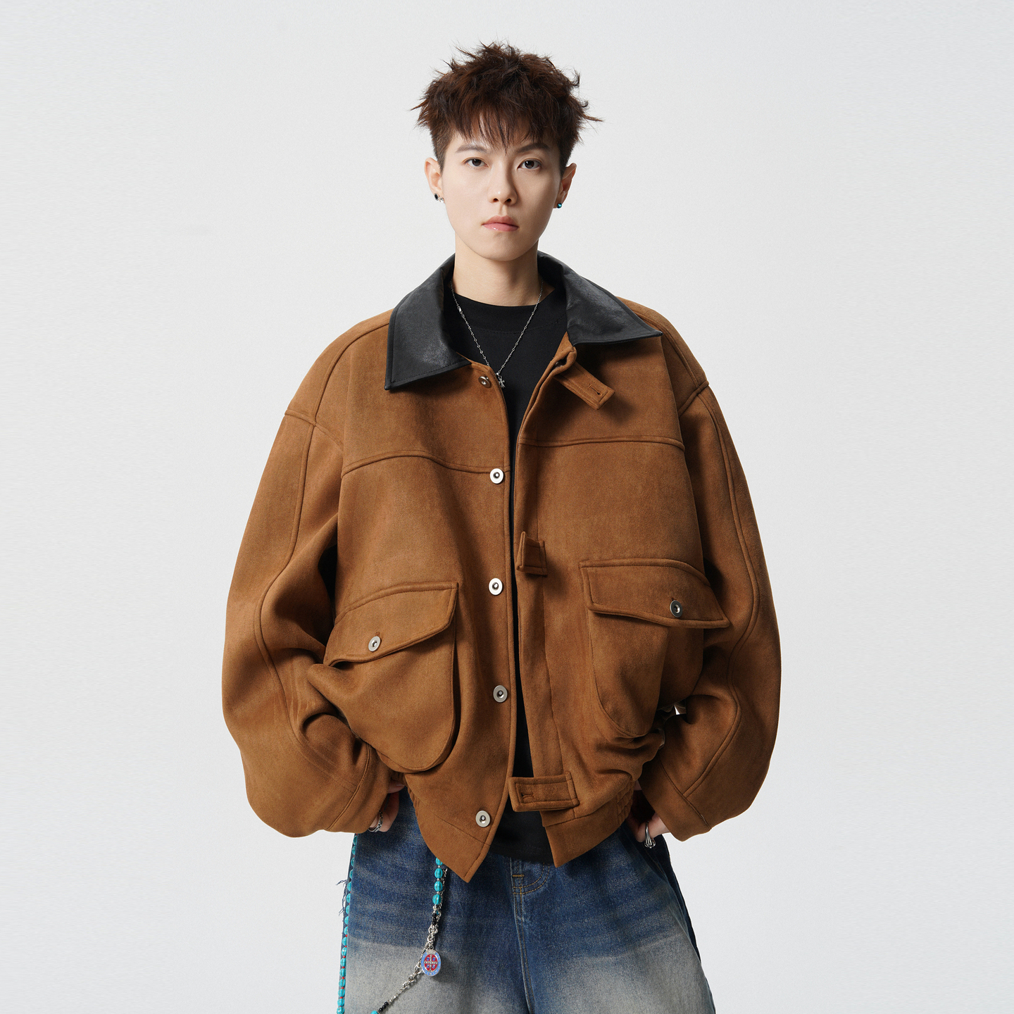 美式复古巴恩风麂皮翻领夹克男