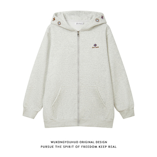 悟空有货美式复古刺绣开衫连帽卫衣男女潮牌宽松情侣百搭帽衫外套