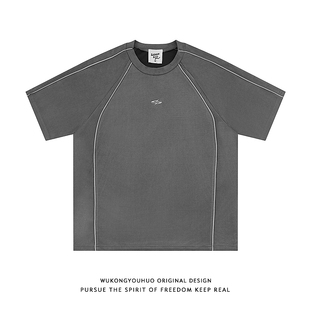 T恤男潮牌高街vibe宽松五分袖 悟空有货美式 解构反光条麂皮绒短袖