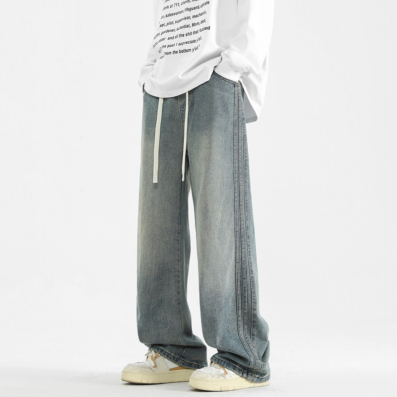 悟空有货潮牌美式水洗做旧直筒牛仔裤男复古宽松抽绳松紧休闲长裤,男装,牛仔裤,淘宝优惠券,粉丝福利购,淘宝优惠卷
