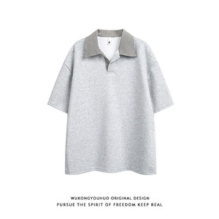 宽松情侣百搭体恤 T恤男美式 悟空有货复古夏季 千鸟格拼接翻领短袖