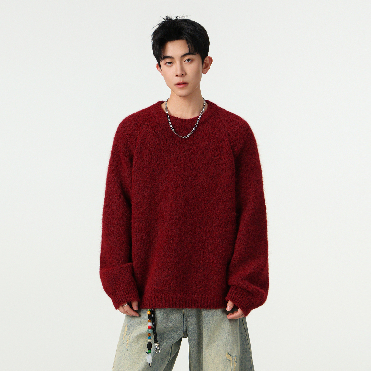 复古马海毛纯色圆领针织衫男女