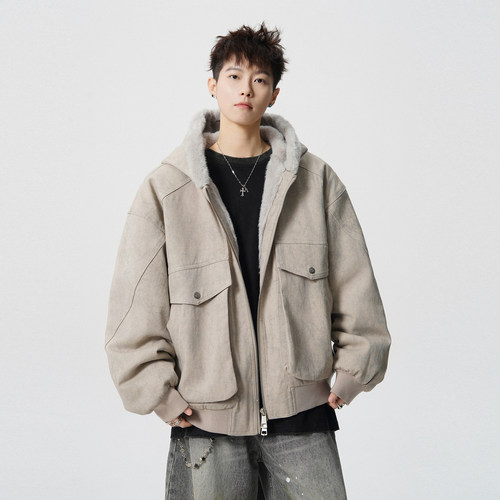 美式大理石座山雕连帽棉服男女