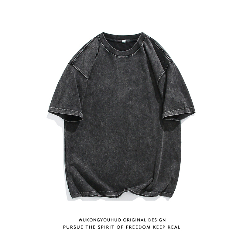 潮牌复古做旧水洗纯色短袖T恤男