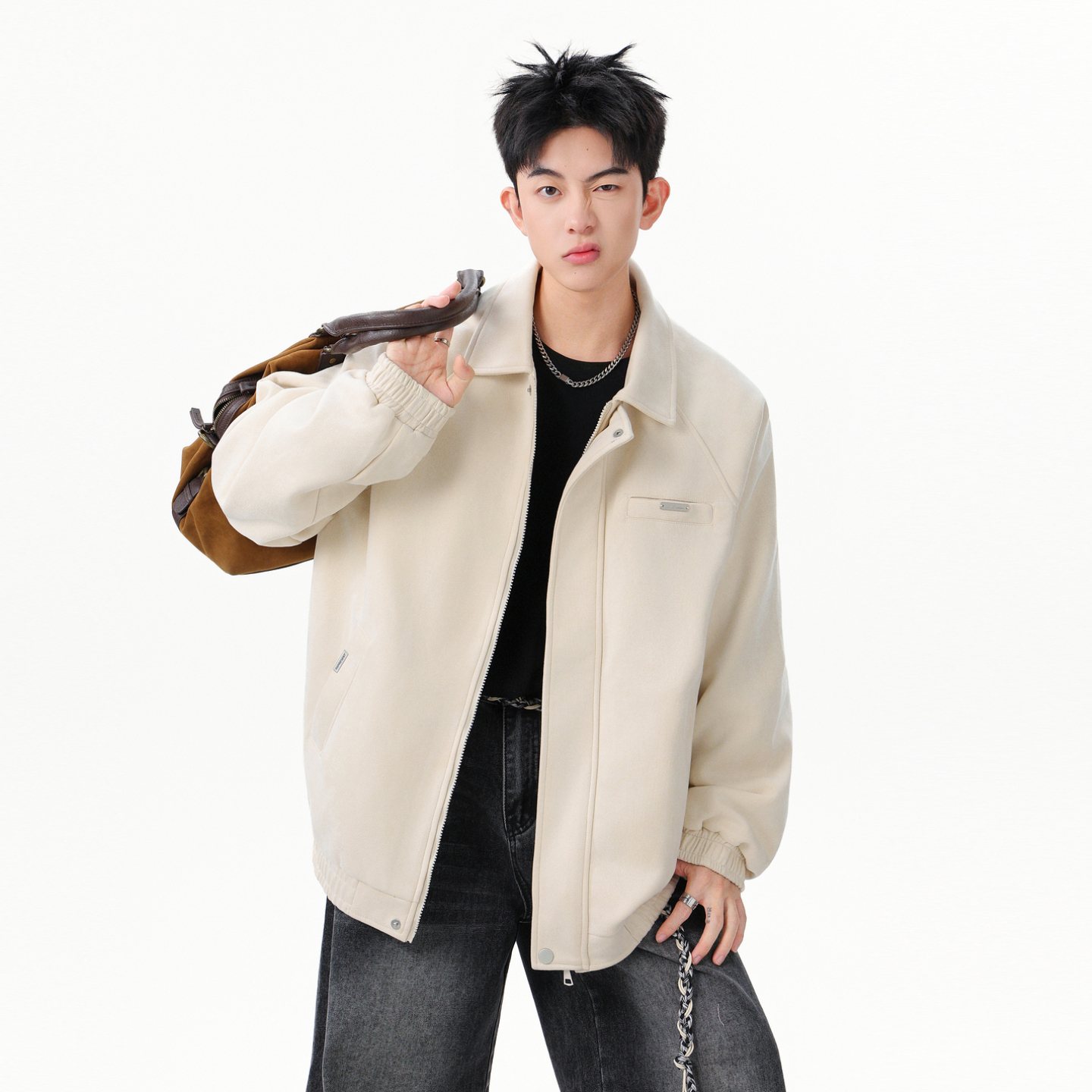 秋季潮牌400g重磅麂皮绒翻领夹克