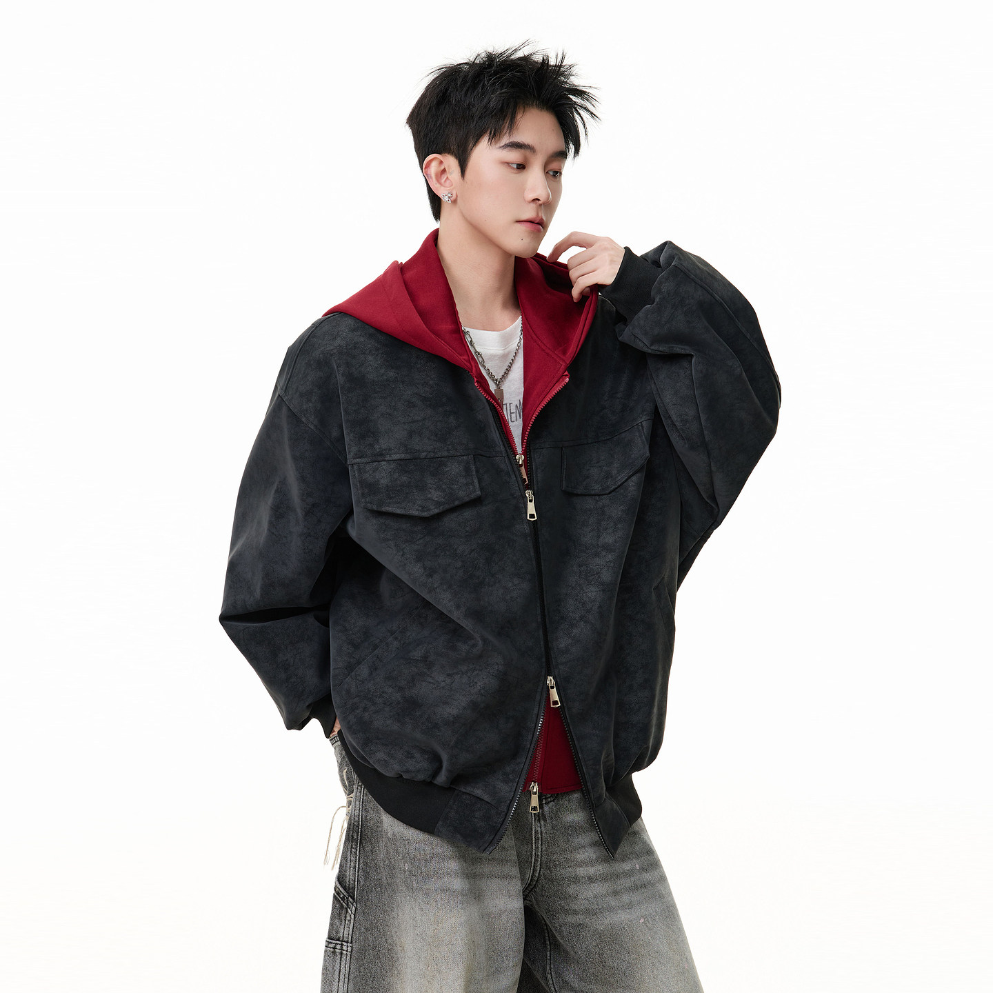 悟空有货美式复古假两件拼接连帽外套男潮牌街头雾面PU皮机车夹克