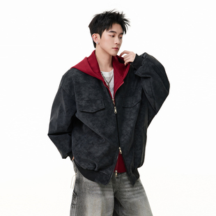 悟空有货美式复古假两件拼接连帽外套男潮牌街头雾面PU皮机车夹克