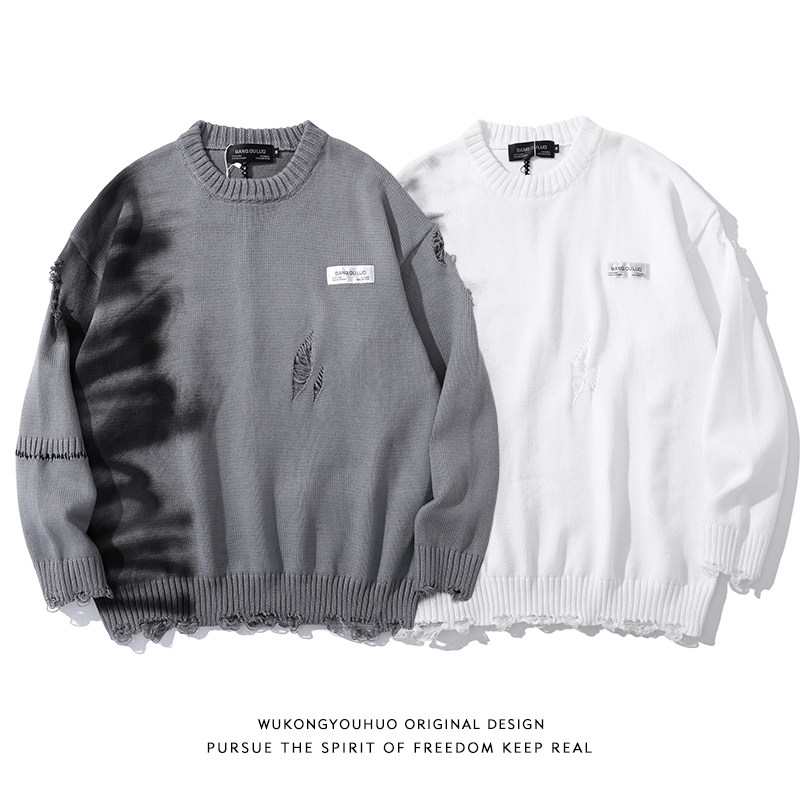 GOKU IS  AUTUMN AND WINTER LANGUID STYLE HAND-PAINTED GRAFFITI RIPPED SWEATER MENS TRENDY BRAND STREET BF LOOSE PULLOVER SWEATER