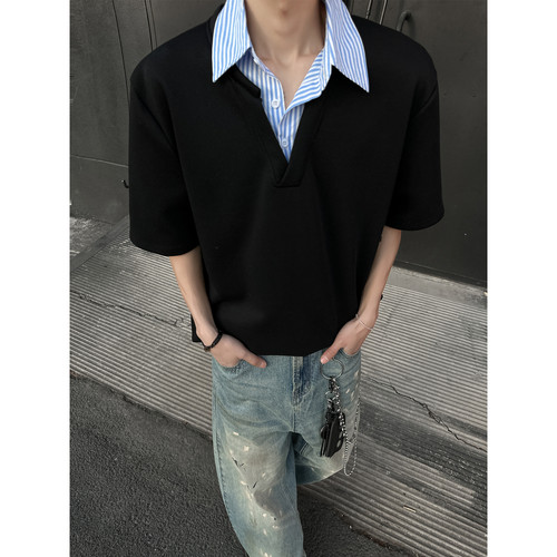 夏季假两件衬衫领短袖T恤男女