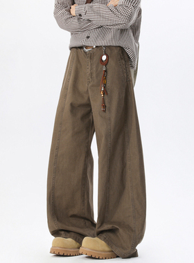 悟空有货潮牌美式解构水洗弯刀工装裤男复古宽松百搭阔腿纯棉长裤