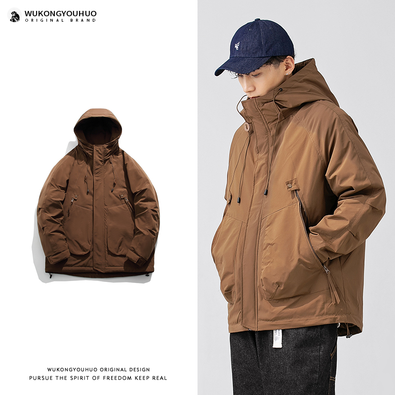 冬季户外加厚连帽羽绒服男美式