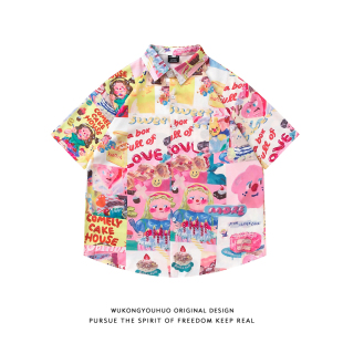 复古多巴胺粉色衬衣 男女美式 悟空有货潮牌甜酷风卡通满印短袖 衬衫