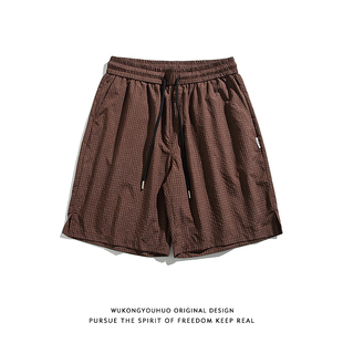 男复古街头宽松百搭阔腿休闲短裤 悟空有货夏季 潮牌格子运动五分裤