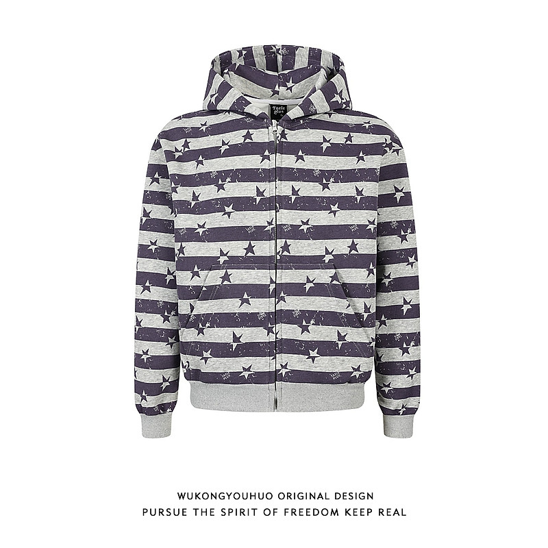 悟空有货潮牌美式星星条纹开衫连帽卫衣男女宽松情侣百搭帽衫外套,男装,卫衣,淘宝优惠券,粉丝福利购,淘宝优惠卷
