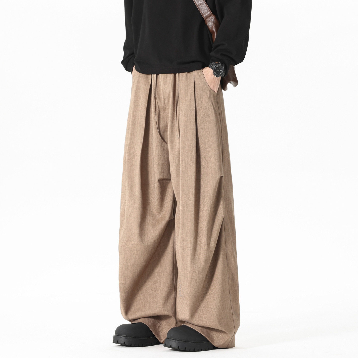 悟空有货潮牌复古纯色抽绳松紧休闲裤男复古高级感百搭垂感阔腿裤,男装,休闲裤,淘宝优惠券,粉丝福利购,淘宝优惠卷