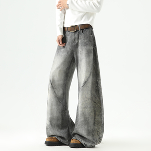 悟空有货美式高街脏染废土风弯刀牛仔裤男潮牌痞帅解构水洗阔腿裤