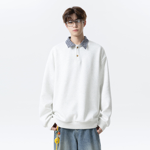悟空有货潮牌复古格子POLO领卫衣男秋季宽松情侣百搭翻领休闲上衣