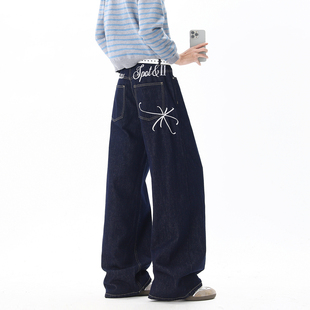 男复古宽松潮流百搭阔腿长裤 悟空有货潮牌美式 刺绣丹宁直筒牛仔裤