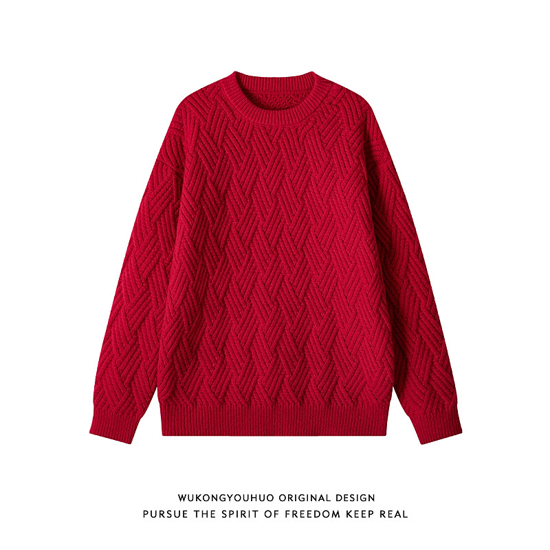 悟空有货冬季复古编织感扭花毛衣男女潮牌宽松情侣红色新年针织衫,男装,针织衫/毛衣,淘宝优惠券,粉丝福利购,淘宝优惠卷
