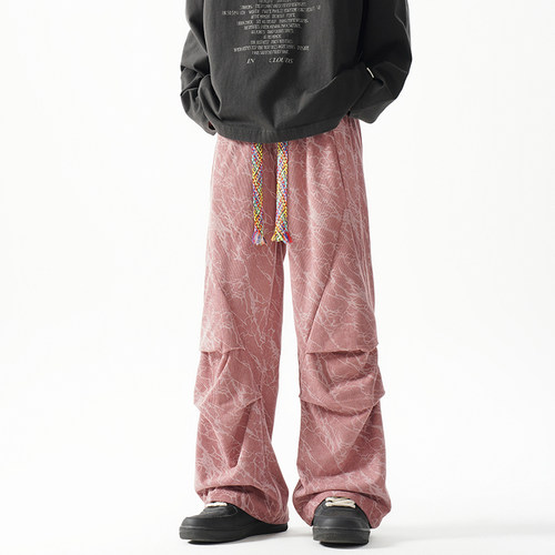 潮牌美式扎染褶皱直筒阔腿休闲裤