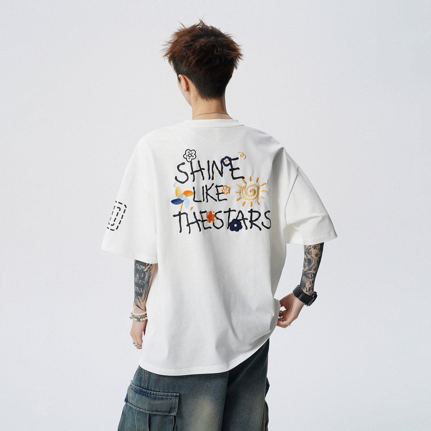 悟空有货美式花卉刺绣字母圆领短袖T恤男女潮牌夏季宽松半袖体恤