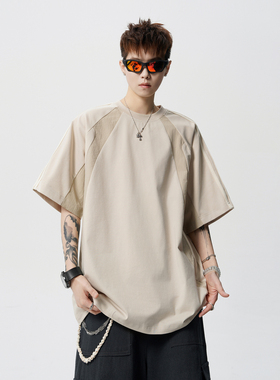 悟空有货夏季嘻哈织带撞色拼接短袖T恤男潮牌bf风宽松情侣半袖tee