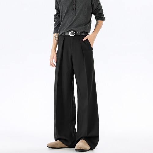 立体褶皱A字高腰黑色西装长裤男